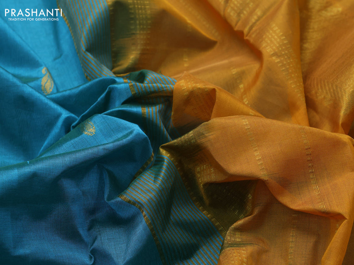 10 Yards silk cotton saree teal blue and mustard yellow with paisley zari woven buttas and zari woven border