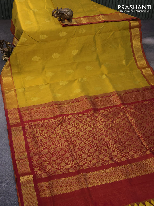 10 Yards silk cotton saree mustard yellow and maroon with zari woven buttas and zari woven border