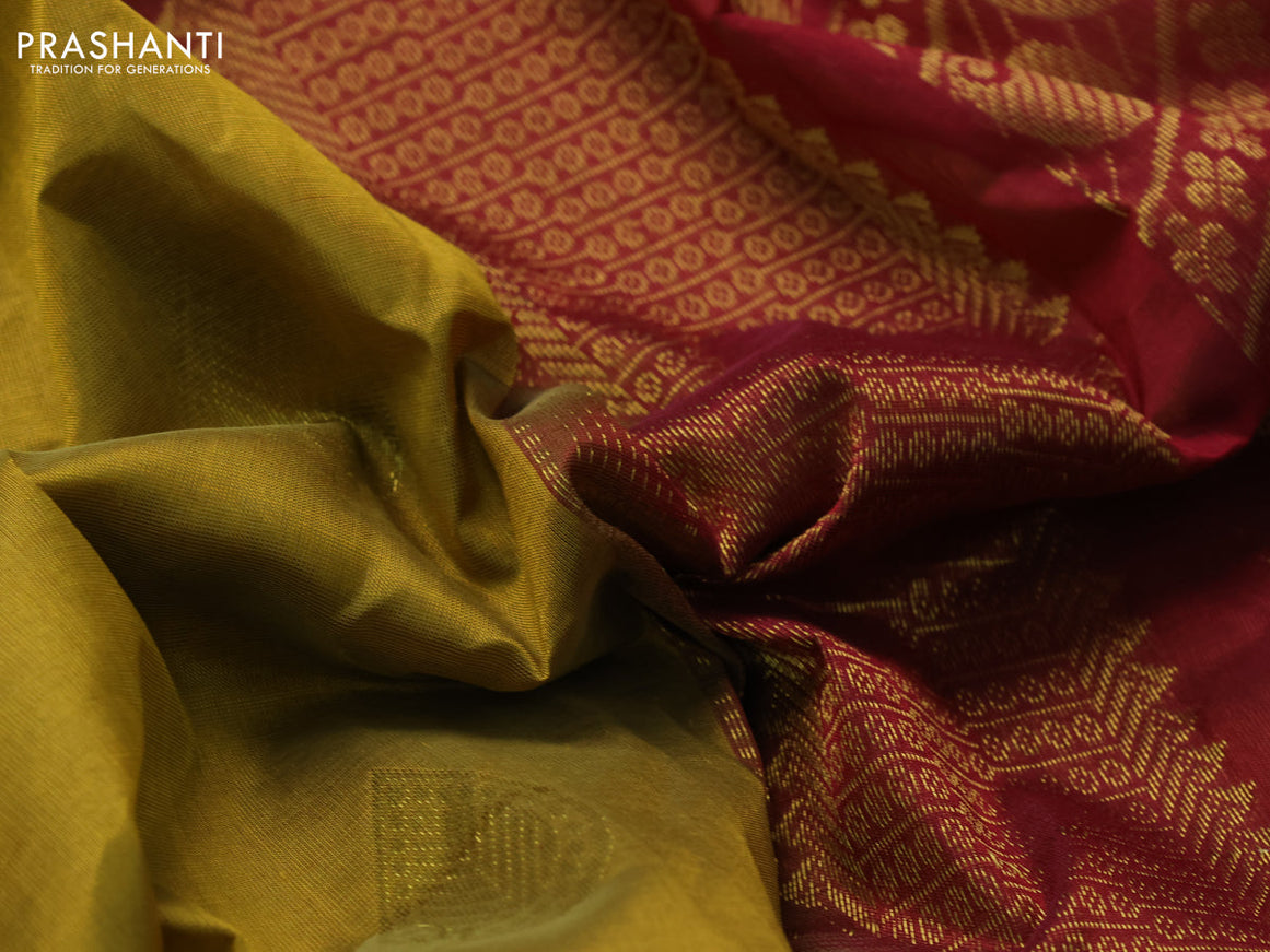 10 Yards silk cotton saree mustard yellow and maroon with zari woven buttas and zari woven border