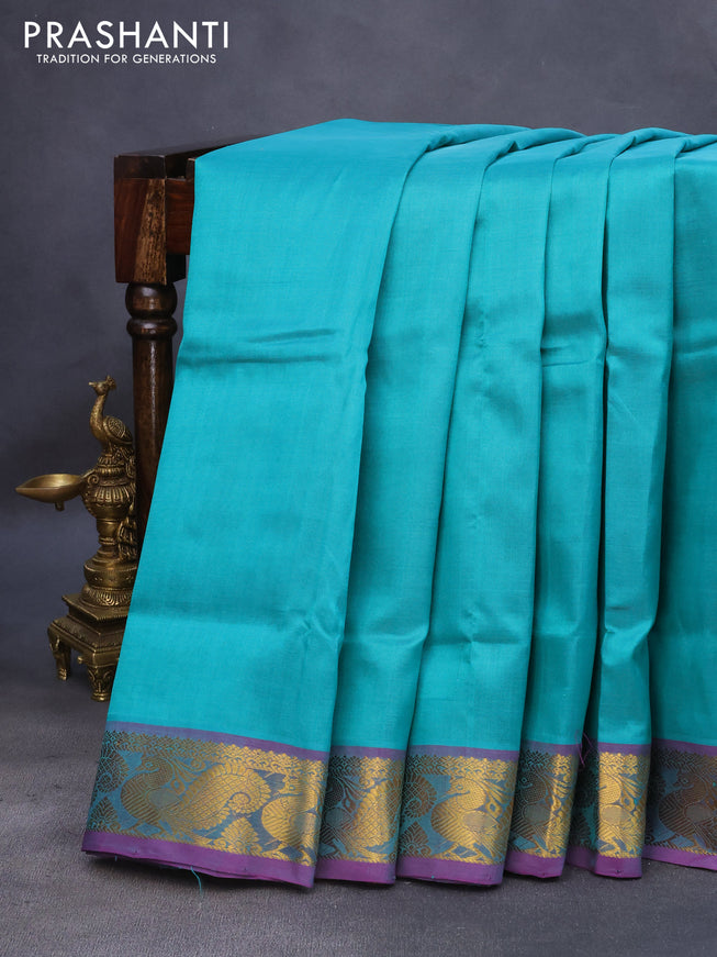 10 Yards silk cotton saree teal green and purple with plain body and annam zari woven border