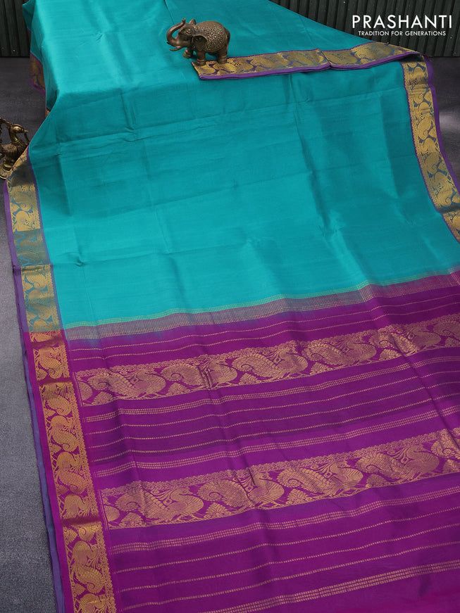 10 Yards silk cotton saree teal green and purple with plain body and annam zari woven border