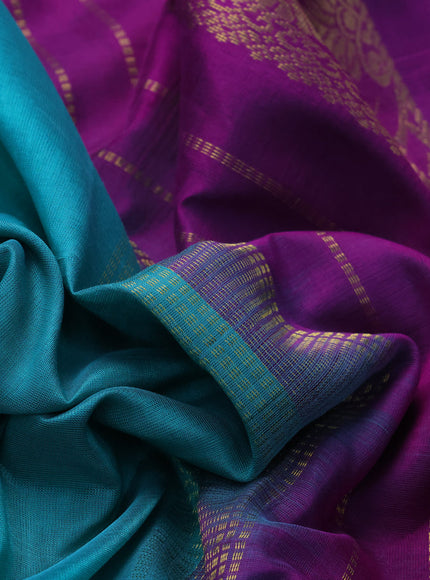 10 Yards silk cotton saree teal green and purple with plain body and annam zari woven border