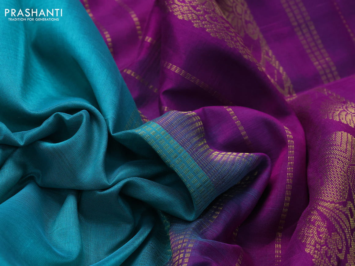 10 Yards silk cotton saree teal green and purple with plain body and annam zari woven border