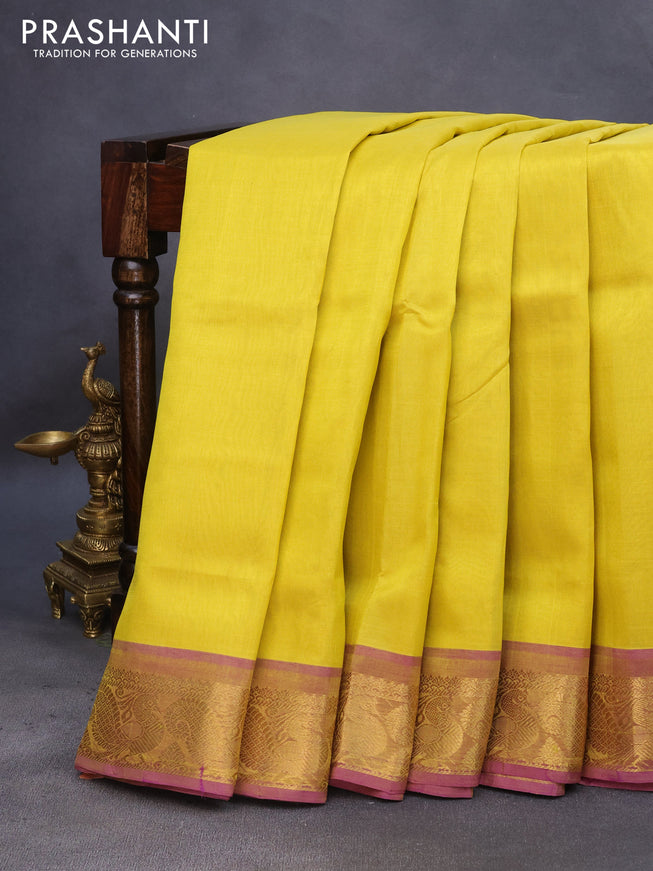 10 Yards silk cotton saree yellow and purple with plain body and annam zari woven border