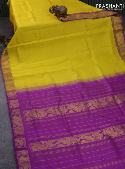 10 Yards silk cotton saree yellow and purple with plain body and annam zari woven border