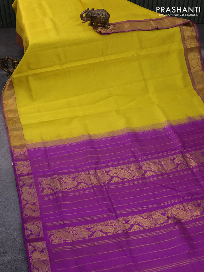 10 Yards silk cotton saree yellow and purple with plain body and annam zari woven border