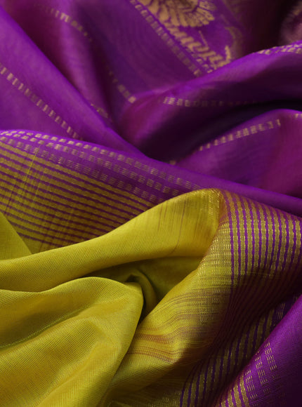 10 Yards silk cotton saree yellow and purple with plain body and annam zari woven border