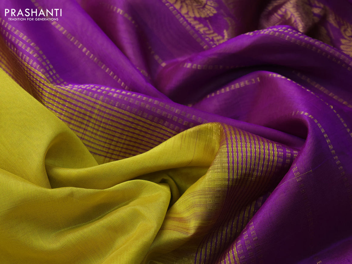 10 Yards silk cotton saree yellow and purple with plain body and annam zari woven border