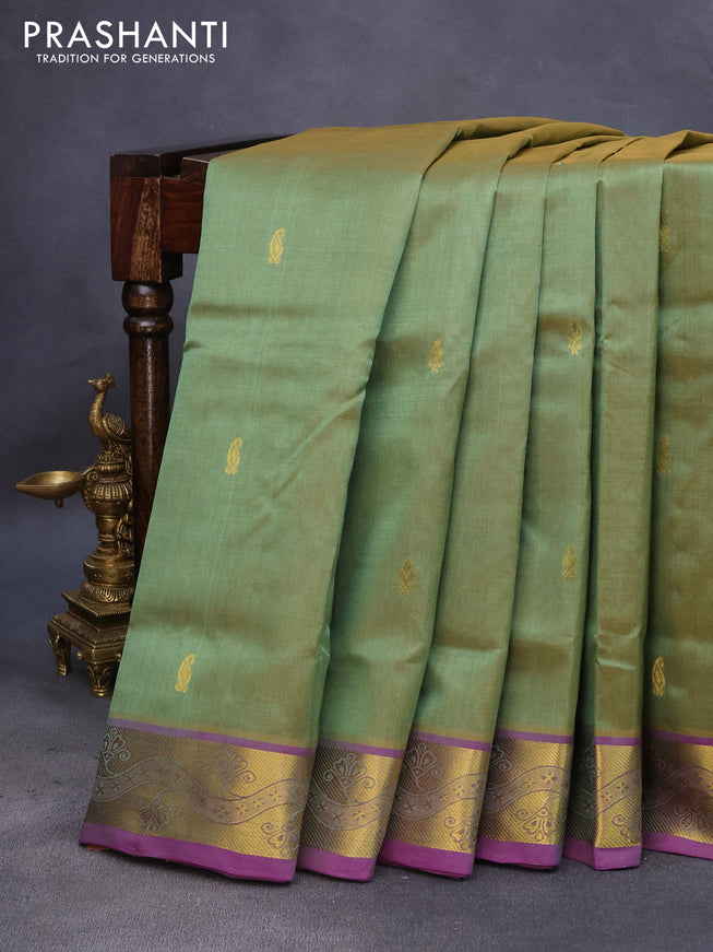 10 Yards silk cotton saree green shade and purple with zari woven buttas and zari woven border