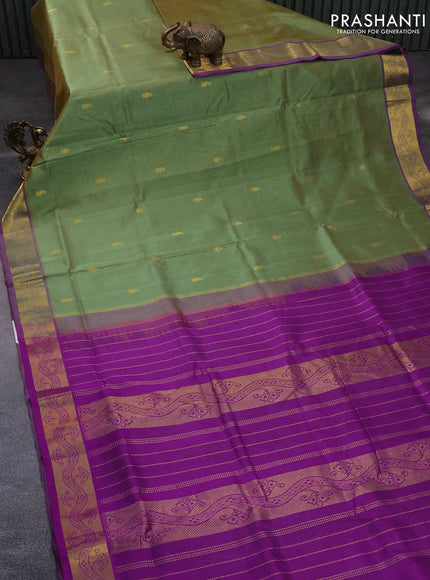 10 Yards silk cotton saree green shade and purple with zari woven buttas and zari woven border