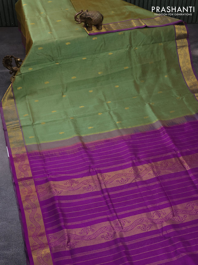 10 Yards silk cotton saree green shade and purple with zari woven buttas and zari woven border