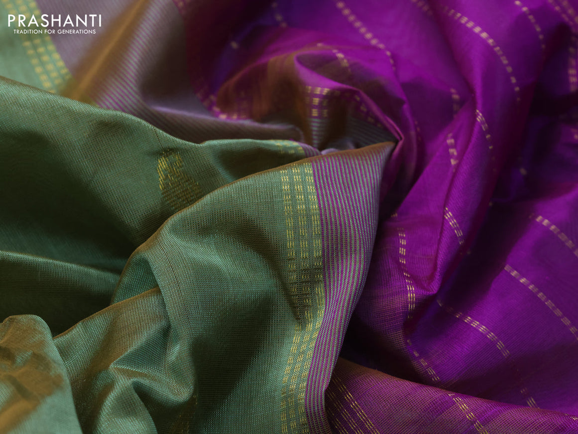 10 Yards silk cotton saree green shade and purple with zari woven buttas and zari woven border