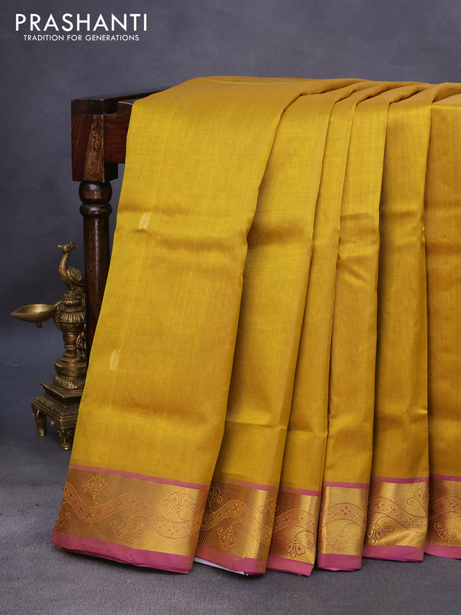 10 Yards silk cotton saree mustard yellow and purple with zari woven buttas and zari woven border