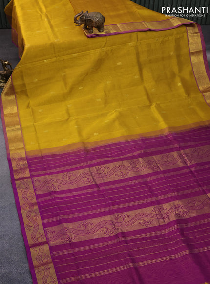 10 Yards silk cotton saree mustard yellow and purple with zari woven buttas and zari woven border