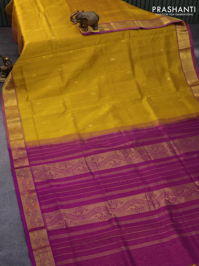 10 Yards silk cotton saree mustard yellow and purple with zari woven buttas and zari woven border