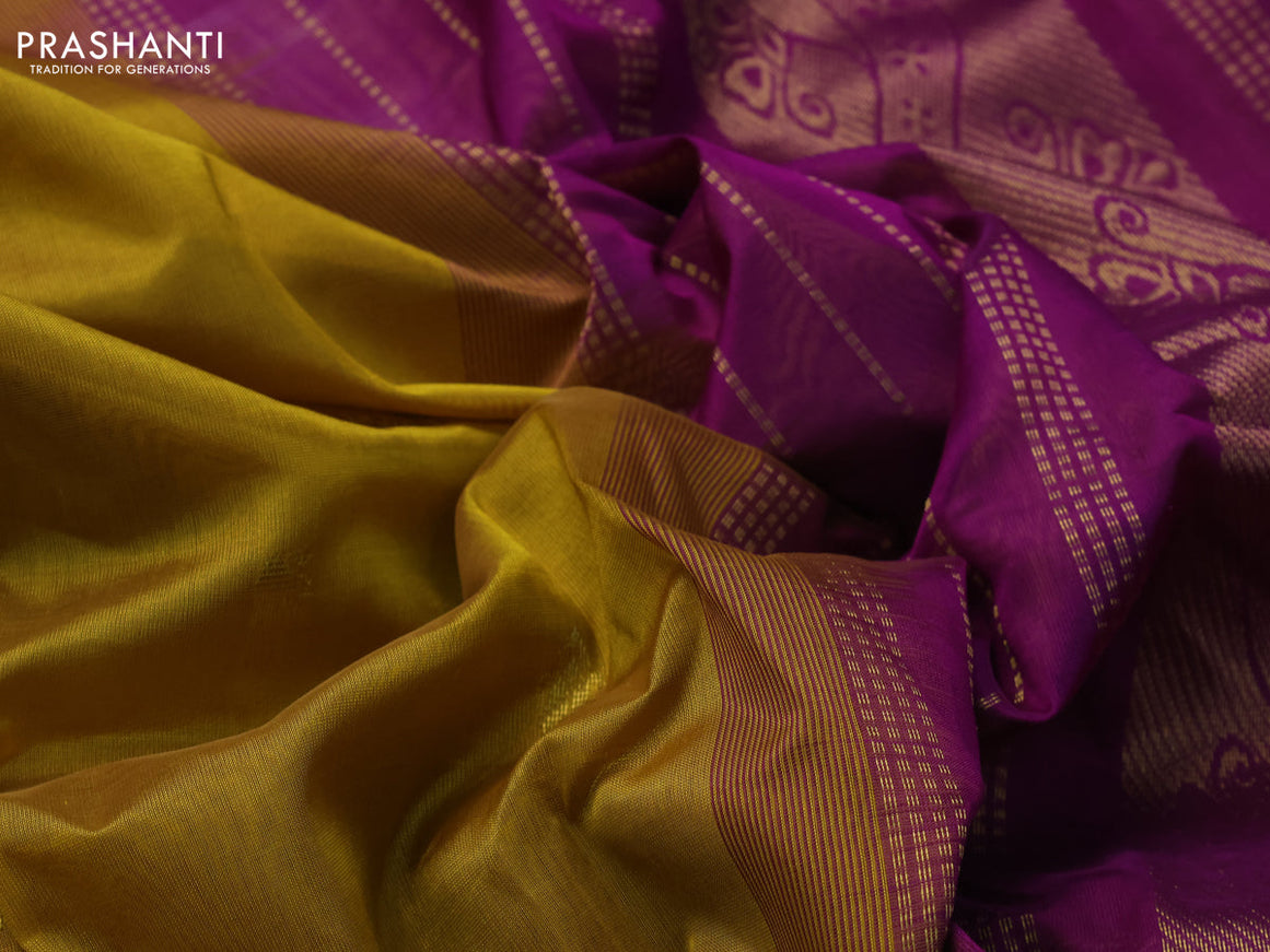 10 Yards silk cotton saree mustard yellow and purple with zari woven buttas and zari woven border