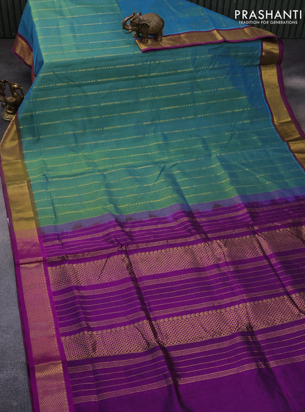 10 Yards silk cotton saree dual shade of greenish blue and purple with allover zari weaves and zari woven border