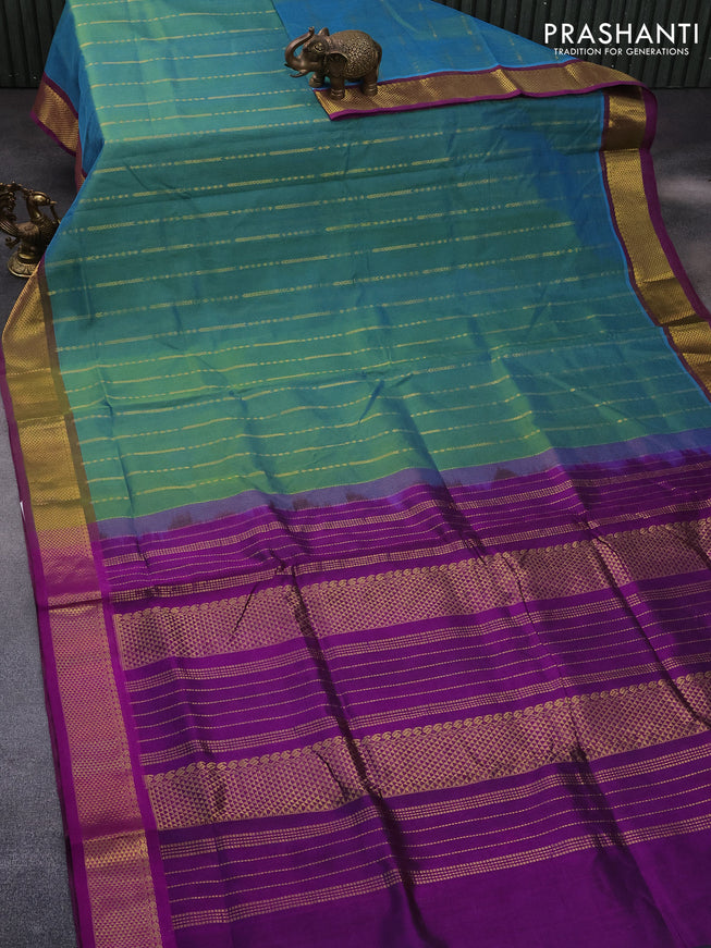 10 Yards silk cotton saree dual shade of greenish blue and purple with allover zari weaves and zari woven border