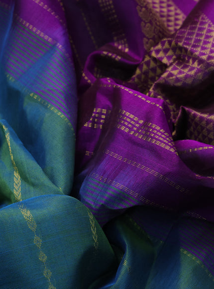 10 Yards silk cotton saree dual shade of greenish blue and purple with allover zari weaves and zari woven border