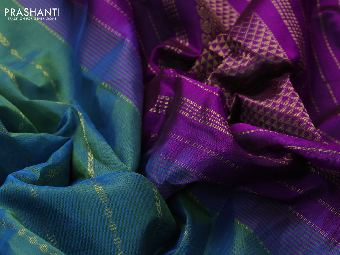 10 Yards silk cotton saree dual shade of greenish blue and purple with allover zari weaves and zari woven border