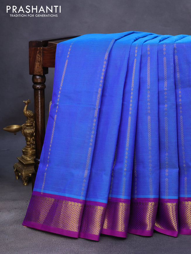 10 Yards silk cotton saree cs blue and purple with allover zari weaves and zari woven border