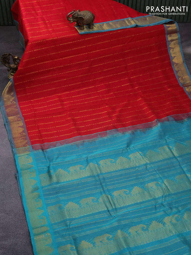 10 Yards silk cotton saree red and teal blue with allover zari weaves and rudhraksha zari woven border