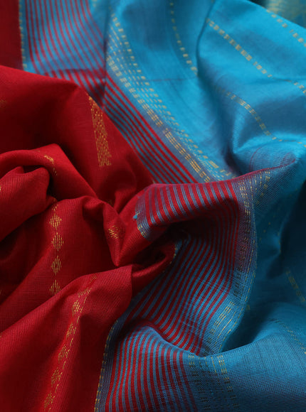 10 Yards silk cotton saree red and teal blue with allover zari weaves and rudhraksha zari woven border