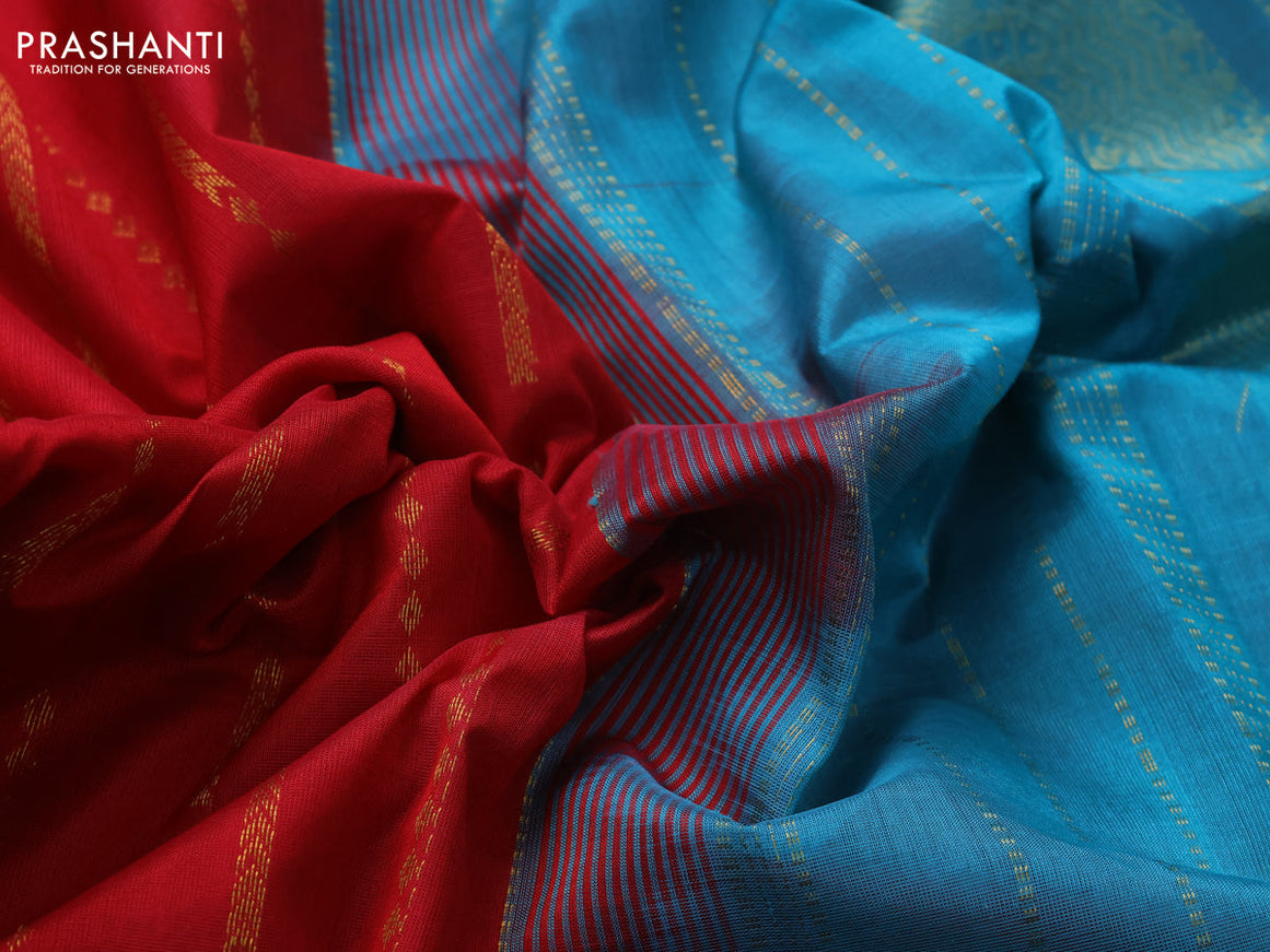 10 Yards silk cotton saree red and teal blue with allover zari weaves and rudhraksha zari woven border