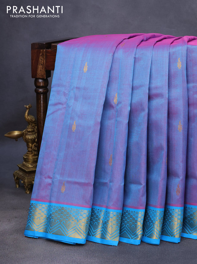 10 Yards silk cotton saree dual shade of bluish pink and cs blue with zari woven buttas and zari woven border