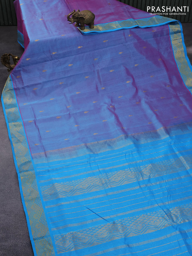 10 Yards silk cotton saree dual shade of bluish pink and cs blue with zari woven buttas and zari woven border