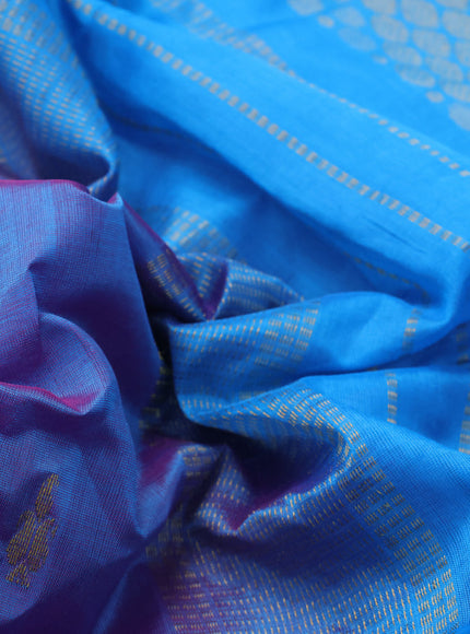 10 Yards silk cotton saree dual shade of bluish pink and cs blue with zari woven buttas and zari woven border