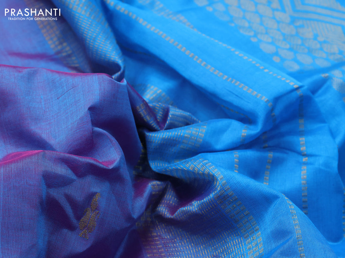 10 Yards silk cotton saree dual shade of bluish pink and cs blue with zari woven buttas and zari woven border