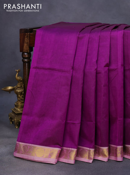 10 Yards silk cotton saree purple and cream with plain body and annam & rudhraksha zari woven border