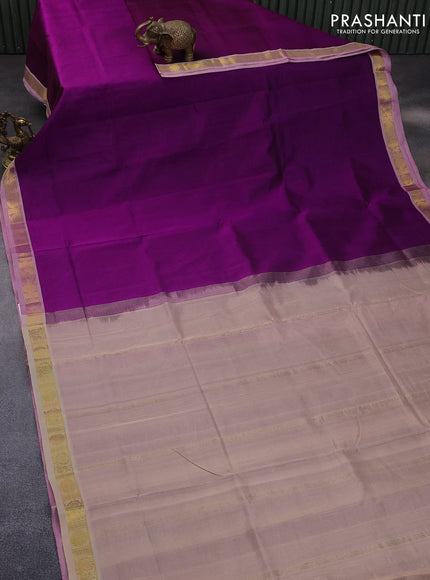 10 Yards silk cotton saree purple and cream with plain body and annam & rudhraksha zari woven border