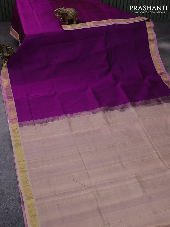 10 Yards silk cotton saree purple and cream with plain body and annam & rudhraksha zari woven border