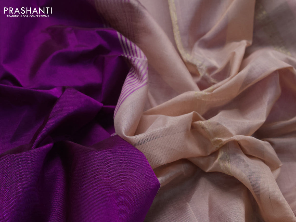 10 Yards silk cotton saree purple and cream with plain body and annam & rudhraksha zari woven border