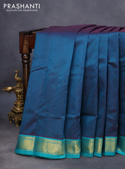 10 Yards silk cotton saree peacock green and teal blue with zari woven buttas and annam zari woven border