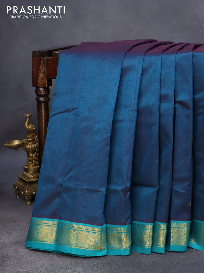 10 Yards silk cotton saree peacock green and teal blue with zari woven buttas and annam zari woven border