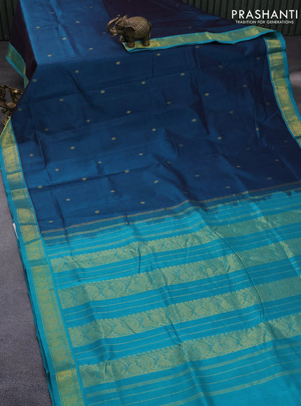 10 Yards silk cotton saree peacock green and teal blue with zari woven buttas and annam zari woven border