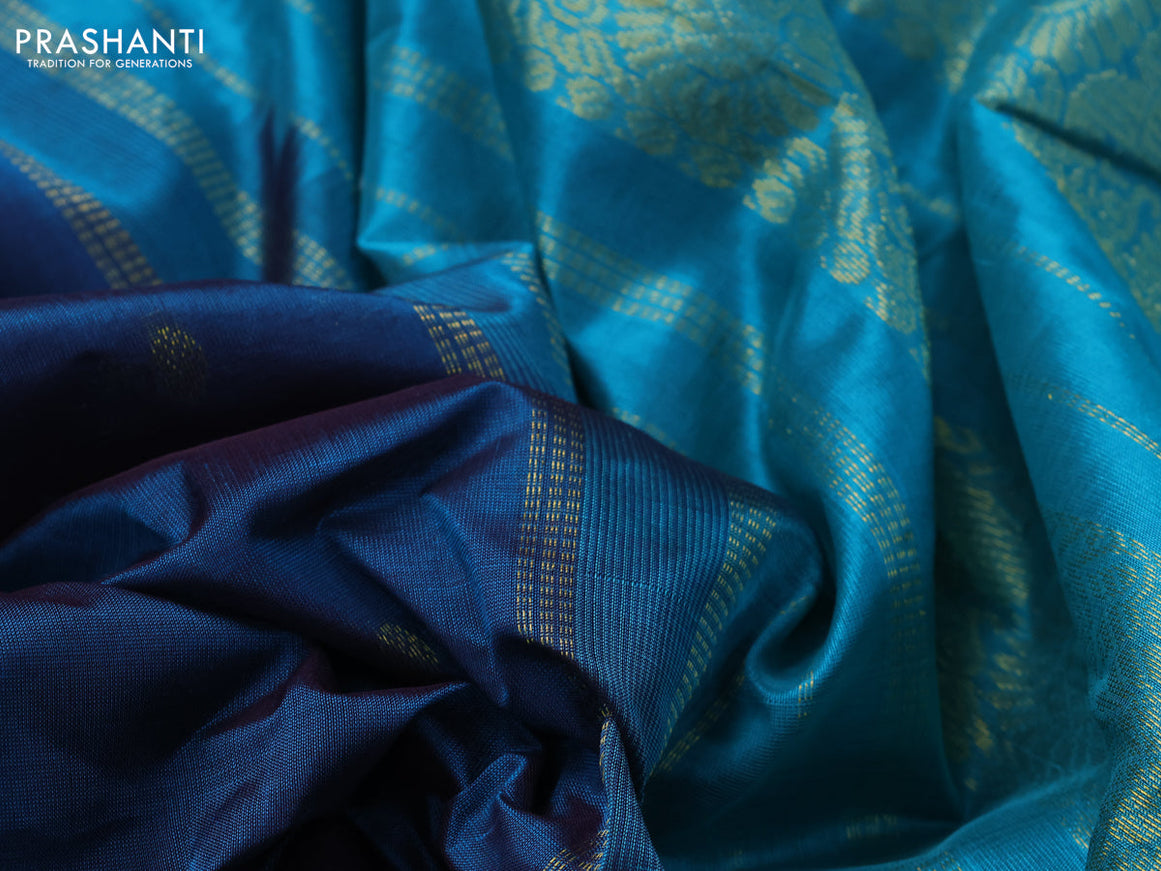 10 Yards silk cotton saree peacock green and teal blue with zari woven buttas and annam zari woven border