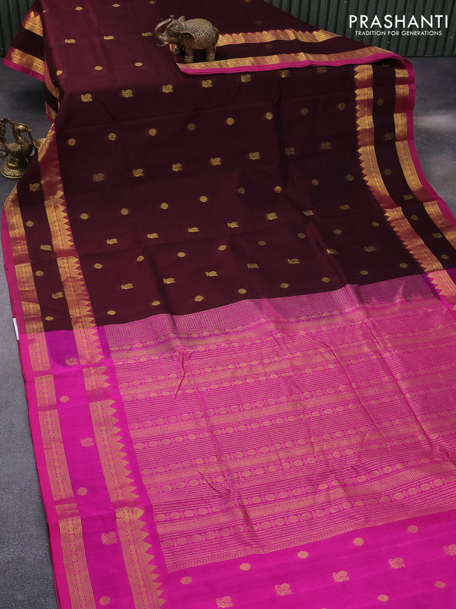 10 Yards silk cotton saree brown and pink with zari woven buttas and rettapet zari woven border