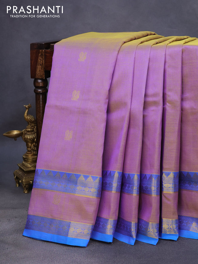 10 Yards silk cotton saree dual shade of violet and cs blue with zari woven buttas and rettapet zari woven border