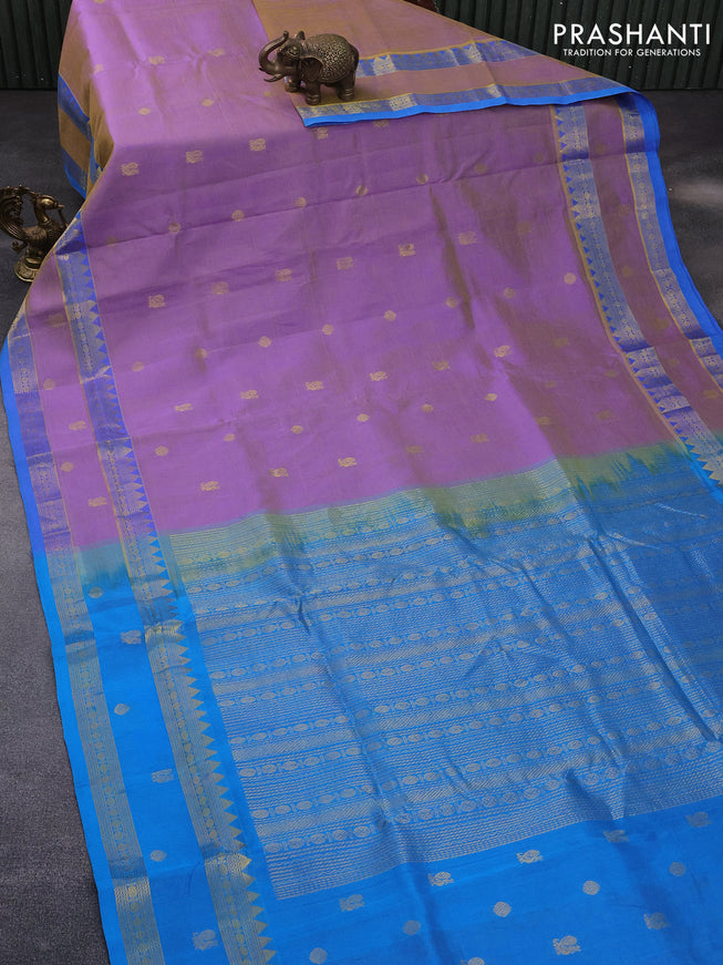 10 Yards silk cotton saree dual shade of violet and cs blue with zari woven buttas and rettapet zari woven border