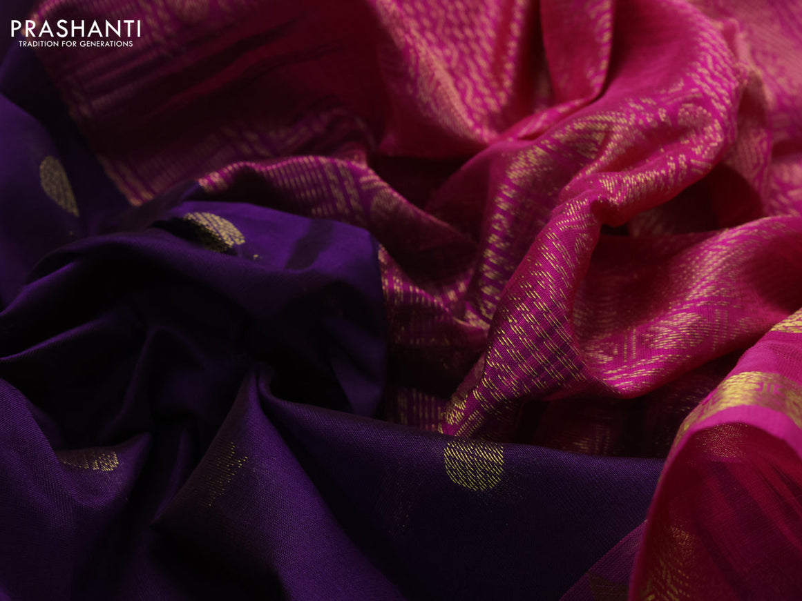 10 Yards silk cotton saree deep jamun shade and pink with zari woven buttas and rettapet zari woven border