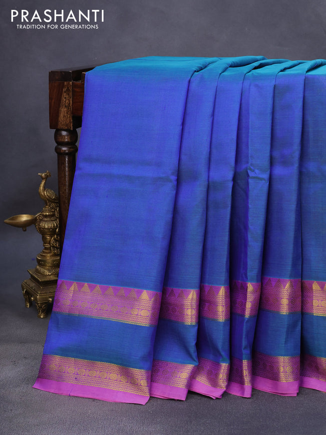 10 Yards silk cotton saree dual shade of bluish green and light pink with zari woven buttas and rettapet zari woven border