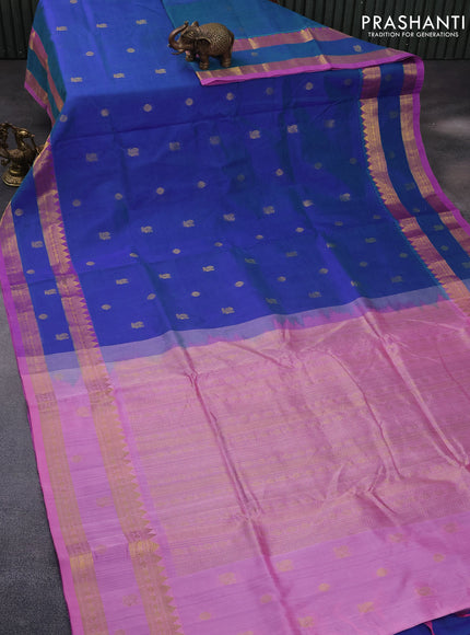 10 Yards silk cotton saree dual shade of bluish green and light pink with zari woven buttas and rettapet zari woven border