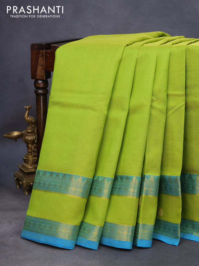 10 Yards silk cotton saree light green and cs blue with zari woven buttas and rettapet zari woven border