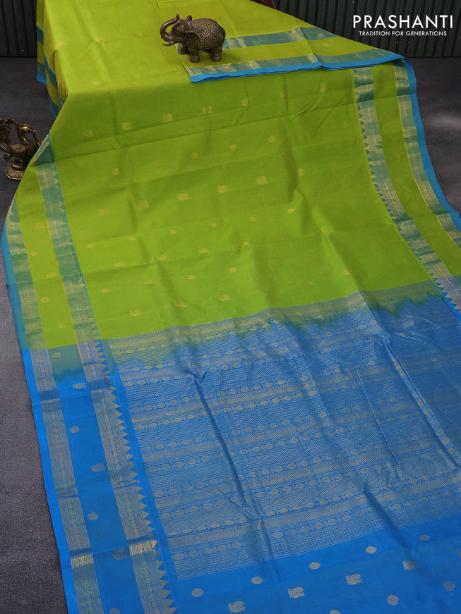 10 Yards silk cotton saree light green and cs blue with zari woven buttas and rettapet zari woven border