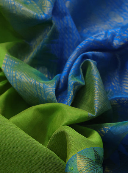 10 Yards silk cotton saree light green and cs blue with zari woven buttas and rettapet zari woven border