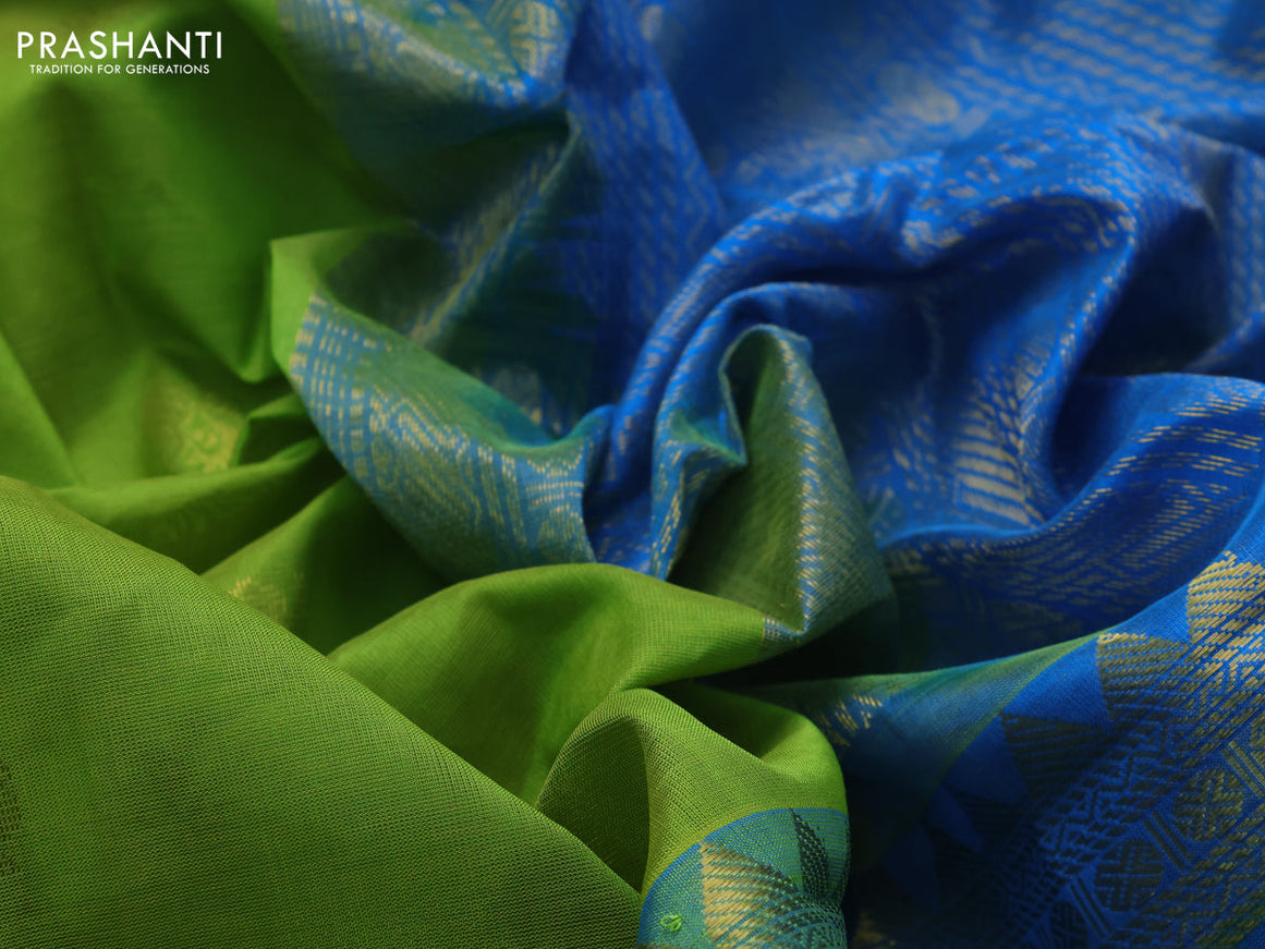 10 Yards silk cotton saree light green and cs blue with zari woven buttas and rettapet zari woven border